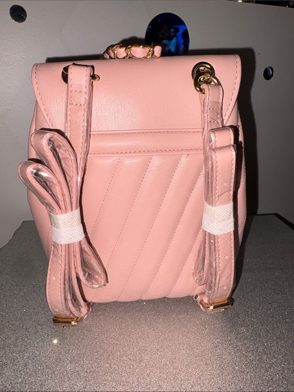 bebe Blush Pink Quilted Drawstring Backpack with Gold Chain - Picture 2 of 3